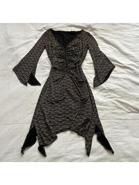 Max Studio Black Bronze Swirl Print Handkerchief Dress Whimsigoth Boho Festival